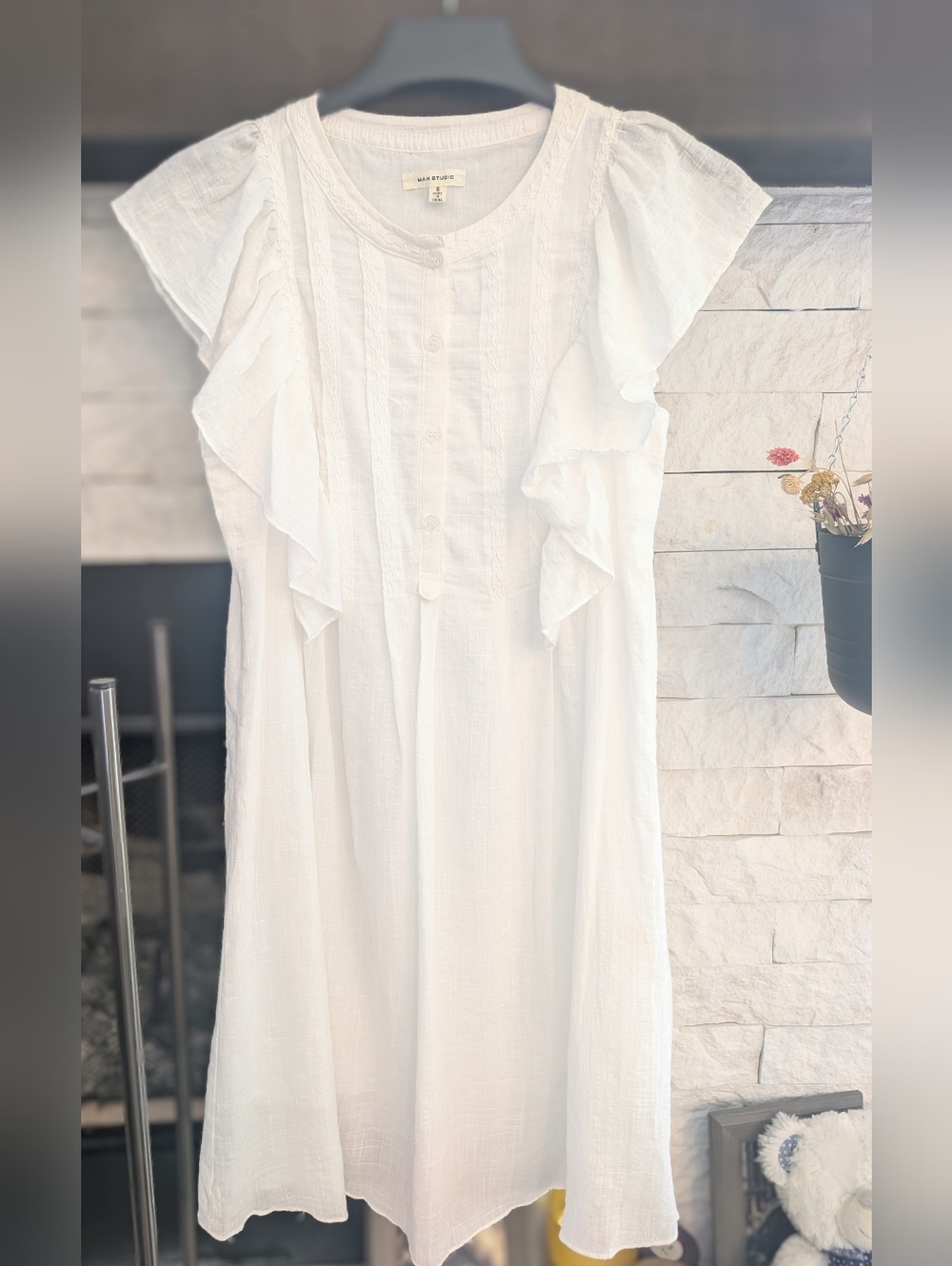 Max Studio White Ruffle Sleeve Cotton Tunic Dress